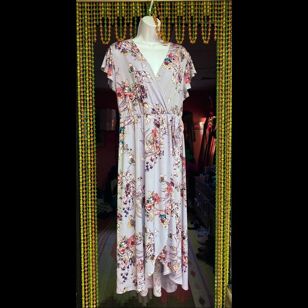 Baby blue floral midi faux wrap dress by Bobeau